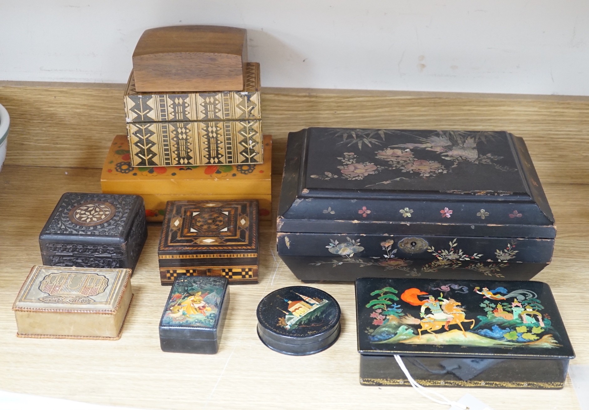 Three Russian papier mache boxes and assorted other boxes